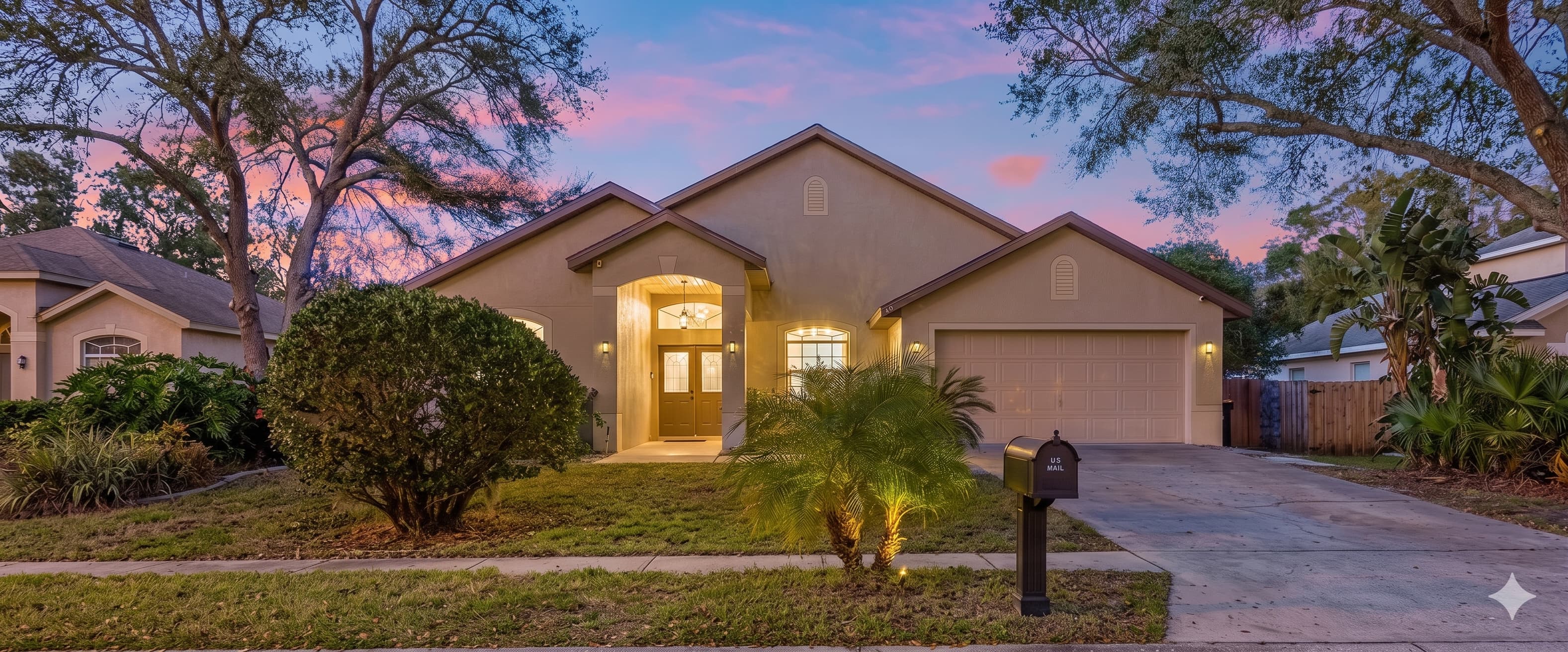 Luxury real estate exterior with sunset view